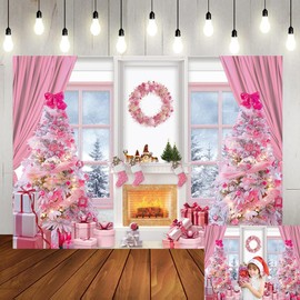 Masxkle 7x5ft Pink Christmas Backdrop Winter Snow Scene Pink Christmas Tree Fireplace Photography Background Christmas Party Decorations Photo Studio Props Pictures