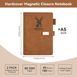 ZSWYUAY Journal Notebook Lined, 180 Pages A5 College Ruled Hardcover Leather Journals for Writing,Travel,Business,Work, 80 GSM Thick Paper with Pen & Magnetic Buckle 5.7" x 8.26" Brown
