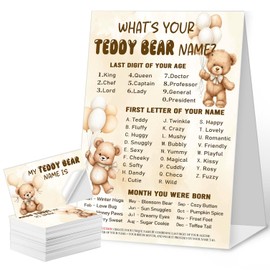 What's Your Teddy Bear Name Game Cards, Birthday Game Supplies, 1 Teddy Bear Name Game Double Sided Sign, 30 pcs Name Stickers for Birthday Party Activities