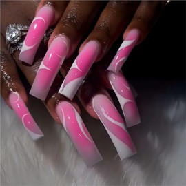 20Pcs Long Square Press on Nails Curved Nail Tips Pink Ombre Fake Nails French Tip Glue on Nail with Designs False Nails Press Ons Glossy Cute Full Cover Acrylic Nail for Women