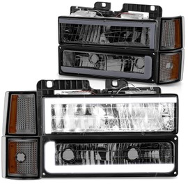 DNA MOTORING C Style LED DRL Headlight+Bumper Signal+Corner Lamps Set Compatible with 92-99 Chevy GMC C/K 1500 2500 Suburban Yukon,Smoked/Amber,HL-LB2-8P-C10-3G-SM-AM