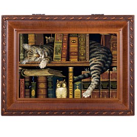 Cottage Garden Cat Sleeping in Library Woodgrain Rope Trim Music Box Plays That's What Friends are for
