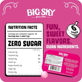 Big Sky Sugar Free Bubblegum Mints - 50 Count Tin (Pack of 6) | Kosher Certified, Vegan Bubblegum Candy | Aspartame & Gluten Free | Sweet Suger Free Mints for Travel & Sharing