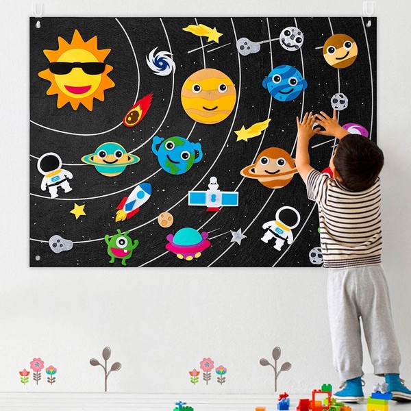 WATINC 35Pcs Solar System Felt Story Board Kit for Kids 3.5 Ft Universe Storytelling Set Reusable Flannel Space Lab Toys Planets Alien Galaxy Hanging Educational Toys Birthday Gift for Boys Girls