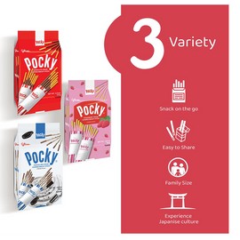 GLICO POCKY Family Three Variety Packs - Strawberry, Chocolate & Cookies Cream