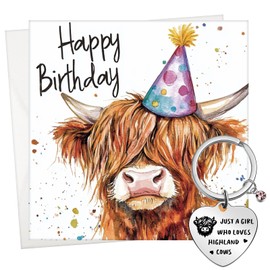 Jadive Highland Cow Birthday Card for Women Cow Keyring with White Envelope Funny Birthday Gifts Just a Girl Who Loves Highland Keyring