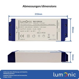Lumonic I LED Trafo BLV-320-24 I 24V 320W I Input 220-230VAC I flimmerfrei & effizient I Überlastschutz I LED-Netzteil I für LED-Beleuchtung & LED-Str