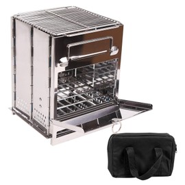 CAMPMAX Large Portable Folding Camping Wood Stove for Outdoor Cooking, Sturdy Lightweight 304 Stainless Steel Wood Burning Camp Stove with Grill for Backpacking BBQ Silver
