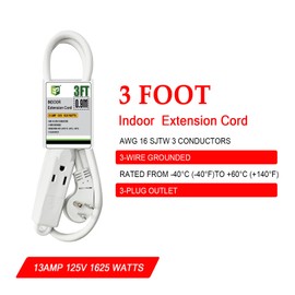 EP Low Profile 3 Ft Flat Plug Extension Cord - 16 AWG 3 Prong Grounded Cable with 3 Outlets, Perfect for Indoor Use, White