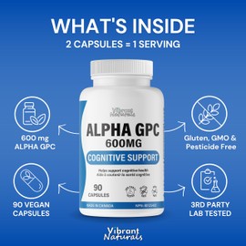 Alpha GPC Choline Brain Supplement for Acetylcholine, Supports Cognitive Health, Non-GMO, Gluten Free, 90 Vegetarian Capsules, Made In Canada by Vibrant Naturals
