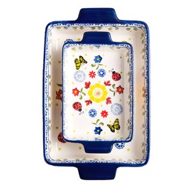 Bicuzat Vintage Style Flower and Butterfly Ladybug Pattern Bakeware Ceramic Casserole Dish Baking Pan Lasagna Pans Baking Dish with Handles for Oven to Table-2 PCS-B-Rec-S+L
