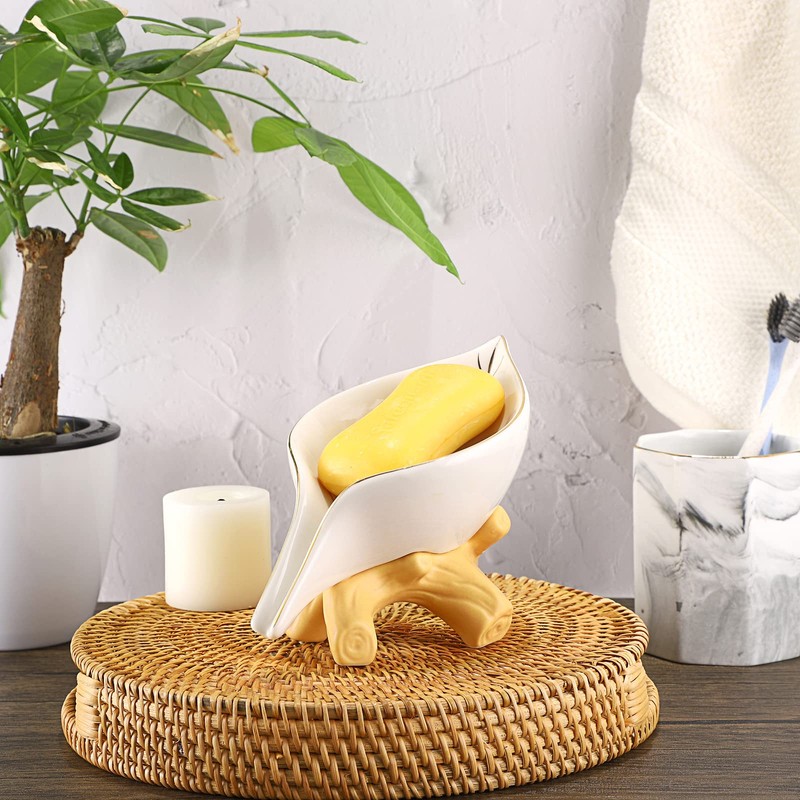 SUMTree Ceramic Soap Holder Self Draining Soap Dish, Leaf Shape