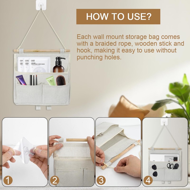 GOWTX 2Pcs Wall Hanging Storage Bag, Linen Fabric Hanging Storage,