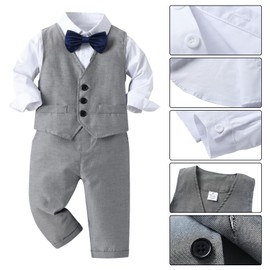 amokk Baby Boy Formal Wear Suits Bow Tie and Suspenders Outfit for 1st Birthday Party Christening Clothing Set (Grey, 18-24 M)