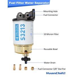 S3213 Fuel Filter Water Separator Assembly with Clear Bowl for Marine Outboard Motor Mercury with 3/8" Barb x 1/4" NPT Fittings Replaces# 35-60494-1, 18-7932-1, 18-17928, 35-809097