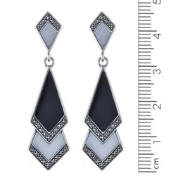 Esse Marcasite Sterling Silver Black Onyx & Shell Mother of Pearl Art Deco Drop Earrings