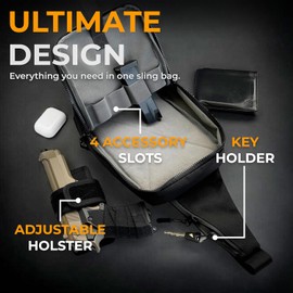 Premium Conceal Carry Sling Bag for Men with Quick Access Pull Tab and 4 Accessory Slots — CCW Sling Bag for Men with Waterproof Heavy Duty Zippers — Durable Adjustable Holster Included