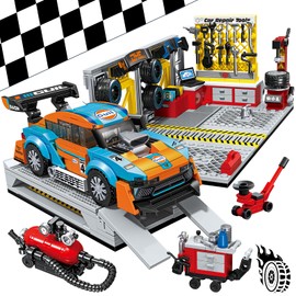 City Car Garage Building Set, Race Car Toys Technic Repair Shop Model Racecar Kits for Display or Play Replaceable Tires/Rear Wing Christmas Birthday Gifts for Adults Boys Girls Kids Ages 6 8 10 12+