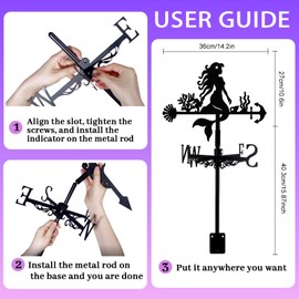 beinkmake Little Mermaid Weathervane Coral Shells Metal Wind Vane Arrow Weathercock Garden Decoration Wind Direction Indicator Stake Roof Mount Ornament for Farmhouse Yard Outdoor