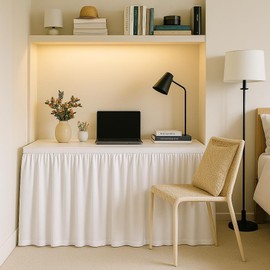 Dorm Desk Skirt, Custom Fitted Tablecloth Without Platform with Split Corners, Perfect for Dorms & Home Offices Solid White Bed Skirt Ruffled Gathered (24" deep x 42" Wide)