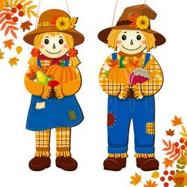 2Pcs Fall/Thanksgiving Scarecrow Sign Decorations Outdoor for Front Door - Autumn Welcome Foldable Wreath Indoor Home Outside Decor for Porch,Wall,Window