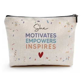 She Motivates Empowers Inspires Makeup Bag, Inspirational Gifts for Women Girls, Motivational Cosmetic Bags, Gift for Her, Encouraging Linen Cosmetic Bag Travel Toiletry Bag
