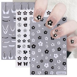 5 Sheets French Diamond Nail Stickers Flower French Manicure 3D Self-Adhesive Sparkling Crystal Black and White French Daisy Butterfly Design DIY Decal Nail Stickers for Nail Art Decoration