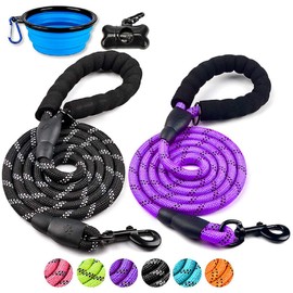DOYOO Dog Leash 6 FT/10FT Thick Durable Nylon Rope - Comfortable Padded Handle Reflective Rope Dog Leash for Medium Large Dogs with Collapsible Pet Bowl and Garbage Bags