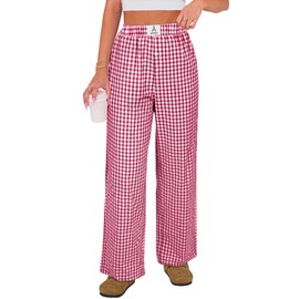 ANRABESS Womens Striped Gingham Pants 2025 Pajama Lounge Boxer Pants Cute PJ Bottoms Casual Wide Leg Trousers with Pockets Red White Plaid Small
