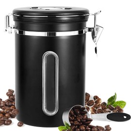 Royouzi Coffee Canisters, Coffee Canister, Airtight, 1.8 L/1800 ml, Stainless Steel, Coffee Beans Container with Scoop, Vacuum Coffee Beans Storage Container - Black
