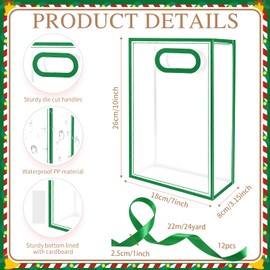 Sel Natural 12 Pcs Clear Gift Bags with Handles 7.1"x10.2"x3.2" Plastic Party Favor Bag with Ribbon Reusable Goodie Bags Transparent Gift Wrap Bag Bulks for Christmas Bridal Wedding Birthday (Green)