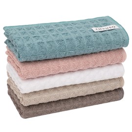 OSHAMY Dish Towel, Overwhelming Absorption Rate 5 Times Than Common Dish Towels, Kitchen Towel, 9.8 x 9.8 inches (25 x 25 cm), Water Absorption, Quick Drying, Kitchen Cloth, Dish Towel, Cleaning Supplies, Waffle Style, Microfiber 5-Piece Set, Blue, Pink,