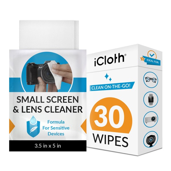 iCloth Lens Cleaning Wipes [5 x 3.5 Inches - 30 Wipes] Safe for All Screens