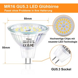 Vinaco MR16 GU5.3 LED 12V 5W (Equal to 50W), 6 Pack GU5.3 LED 4000K Neutral White 120° Flooding, No Flicker, 550LM GU 5.3 Bi-Pin Socket, Not Dimmable CRI85+ Reflector Glass MR16 12V for Indoor and