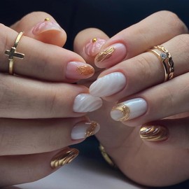 MISUD Press on Nails Short Oval Fake Nails Glossy Glue on Nails Gold Chrome Acrylic Nail Supplies Round Artificial Nails Handmade 3D Swirl Stick on False Nails Art with Design DIY 24 pcs