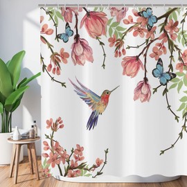 ASDCXZ Flowers Shower Curtain 180 x 200 cm, Spring Rose Flowers Green Leaves Blue Butterfly Colourful Bird Bath Washable Shower Curtains Polyester Textile Waterproof Bath Curtain for Bath with 12