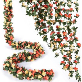 4 Pcs 8.2FT Artificial Flowers Garlands Double Colors Fake Rose Flower Vine Hanging Garlands, for Room Anniversary Wedding Birthday Christmas Wall Arch Decor, Champagne Flower