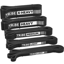 Tribe Lifting Long Resistance Bands – 5 Strength Levels, Durable Loop Bands for Pull-Ups, Strength Training & Rehab – Carry Bag Included - Color: Black