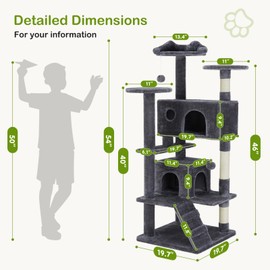 DUMOS 54-inch Indoor Cat Tree Tower –Multi-Level Pet House for Large Cats with 2 Condos, Scratching Posts, Round Platform, Small Ladder, and Toys – Perfect for Cats of All Ages, Grey