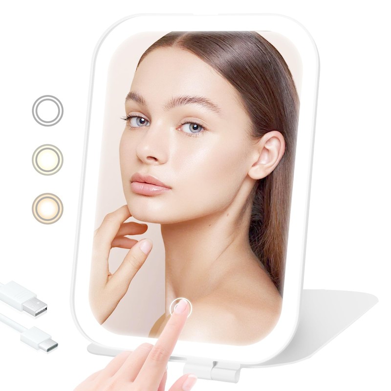 TREASO Travel Makeup Mirror, Portable Mirror with 3 Adjustable Light