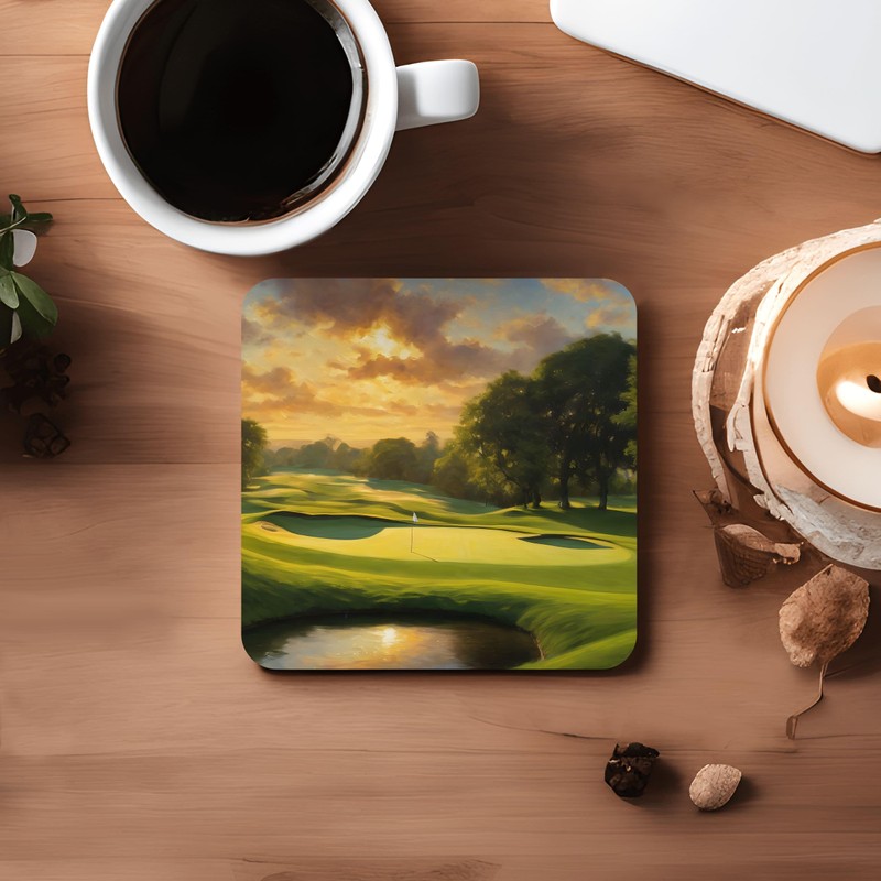 Golf Art Coaster Set, 4 x 9cm Glossy Wood Coffee