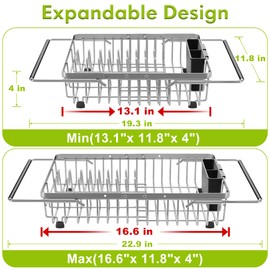 JASIWAY Dish Drying Rack in Sink, Expandable Stainless Steel Dish Drainer for Kitchen Sink, Dish Strainer Rack, Retractable Over Sink Dish Rack with Utensil Holder, 13.1''~16.6''D x 11.8''W, Silver