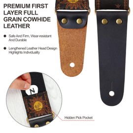 Nefelibata Nefelibata Guitar Strap, Sun Embroidered Cotton Guitar Strap with Head Cowhide Leather Ends for Bass, Electric and Acoustic Guitars, Free Strap Button, 1 Pair of Strap Locks and 4 Guitar Picks