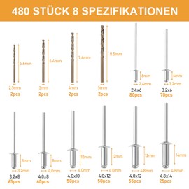 VIGRUE 480-Piece Blind Rivets Set and 8 HSS Drills, Aluminium/Steel Rivets Pop Rivets Assortment 2.4 mm, 3.2 mm, 4.0 mm and 4.8 mm Pop Rivets for Connecting All Types of Thin Materials for Riveting