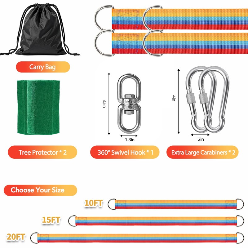 Werflyto Safe Tree Swing Hanging Straps Kit, 3FT/10FT/15FT/20FT, Heavy Duty