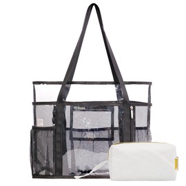 TINYAT Large Clear Tote Bag for Women Mesh Beach Bags with Zipper Transparent Travel Bags Shoulder Bag for Vacation Swim Gym