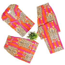 INDACORIFY Tiger Print Printed Cotton Nightsuit Indian Pajama Set Lounge Night Dress 4 Piece Pajama Set, multi-coloured, XS