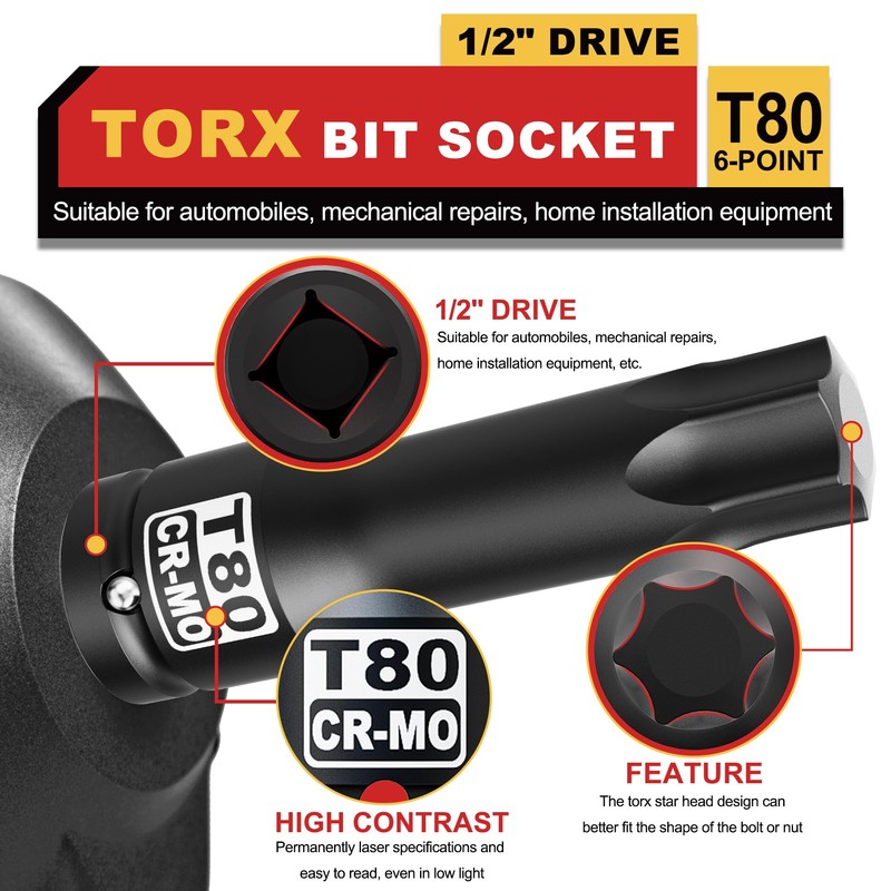 KIRXST 1/2" Drive T80 Torx Bit Socket, 6 Point Star