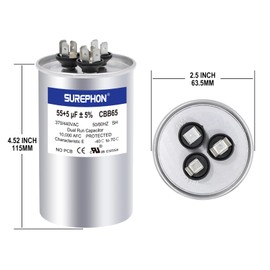 SUREPHON 55+5 uF 55/5 MFD ±5% 370V/440VAC Dual Run Start Capacitor CBB65 Works for AC Unit Fan Motor Start or Heat Pump or Condenser Straight Cool