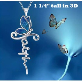 Fashion Jewelry BUTTERFLY RELIGIOUS FAITH Charm on 24" 925 Plated Sterling Silver Necklace Women